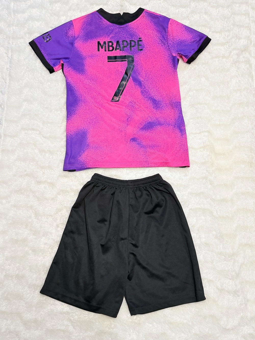 Paris MBAPPE Kids Pink & Purple Soccer Jersey and Black Shorts Set Sz 8-10